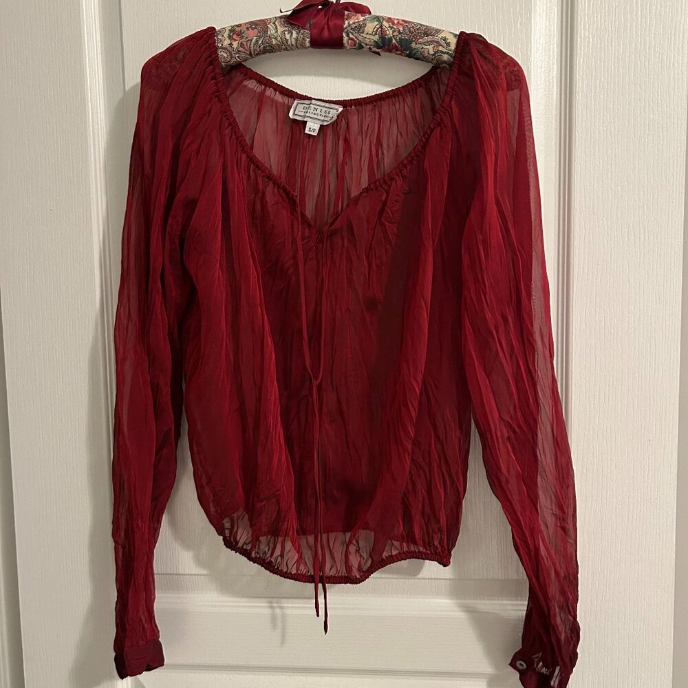 Sheer Crinkle Chiffon Blouse in Deep Ruby Red – Denise Collection, Size Small